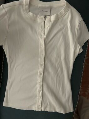 Reformation Cream Ribbed Button-Front Short Sleeve Top